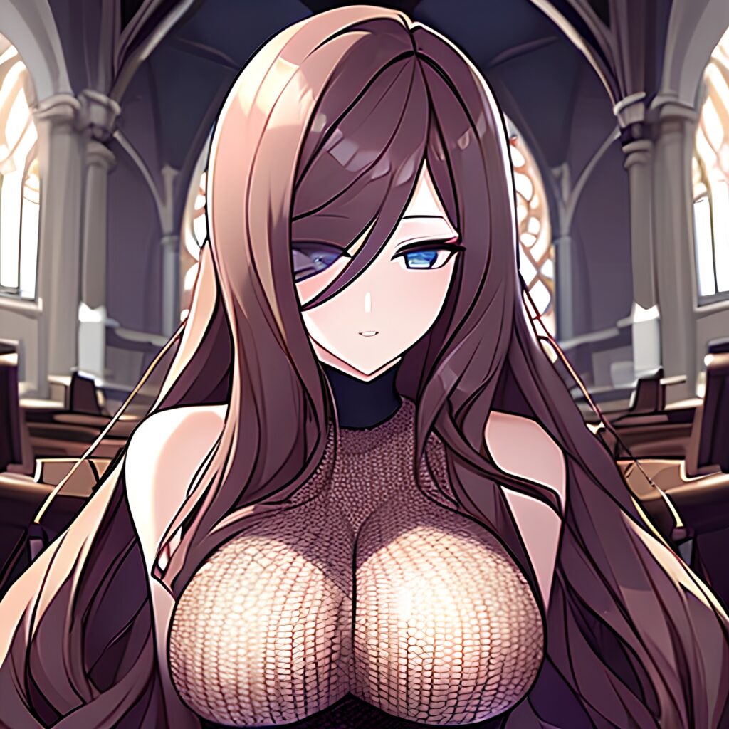 messy hair church woman fishnet long hair brunette