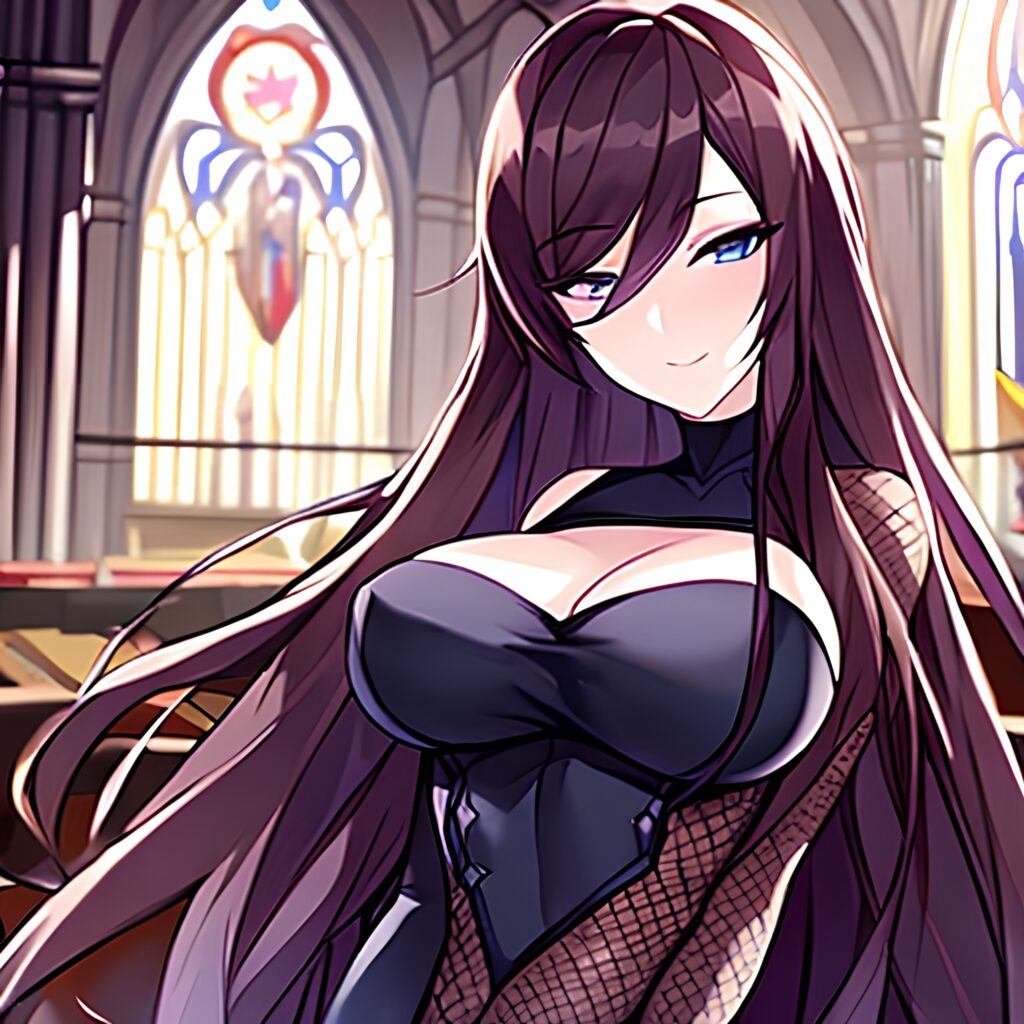 messy hair church woman fishnet long hair brunette 