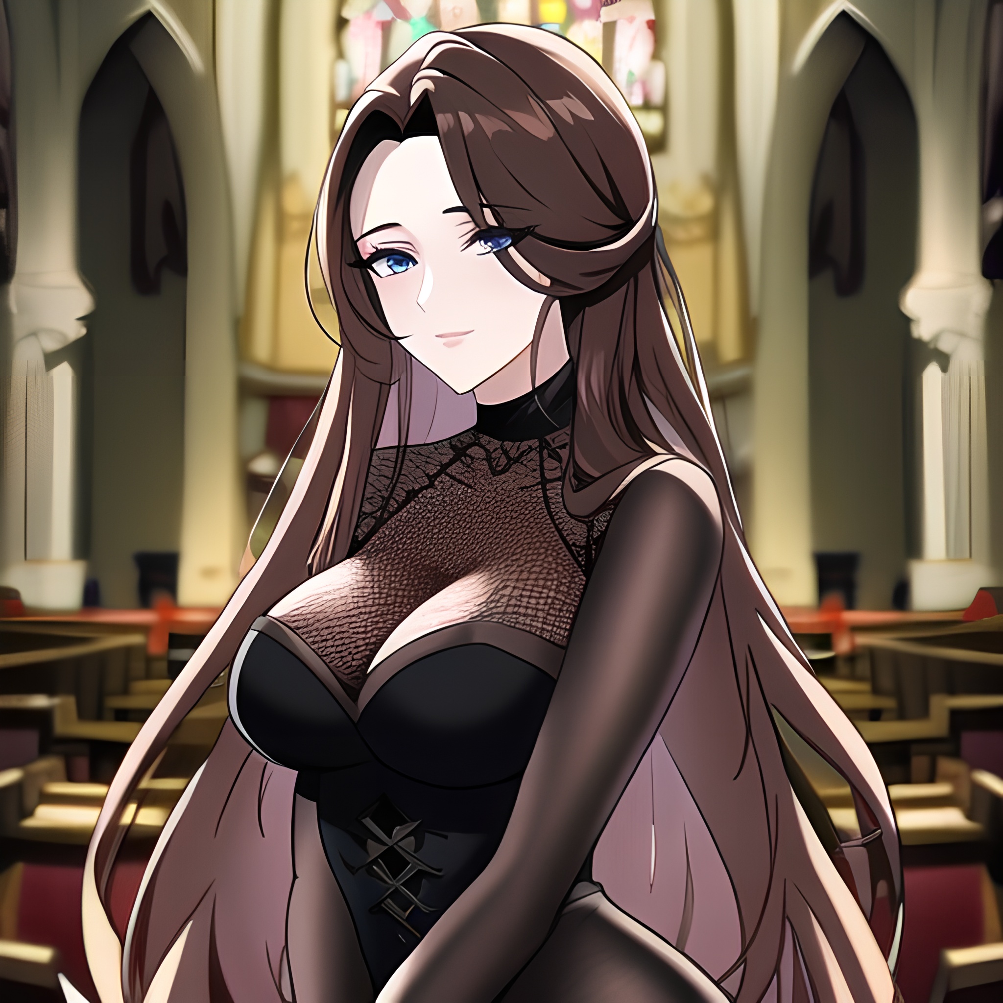 messy hair church woman fishnet long hair brunette 