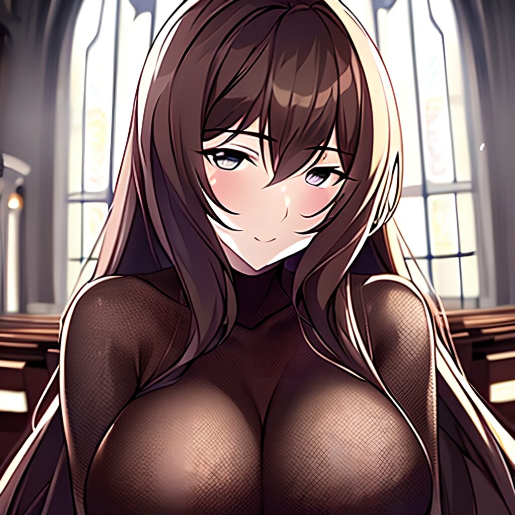 messy hair church woman long hair brunette fishnet 