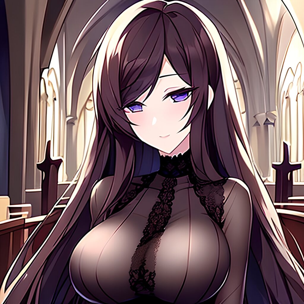 messy hair church woman long hair brunette fishnet 