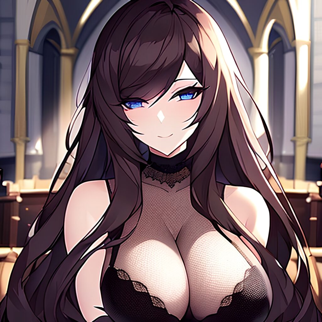 messy hair church woman long hair brunette fishnet 