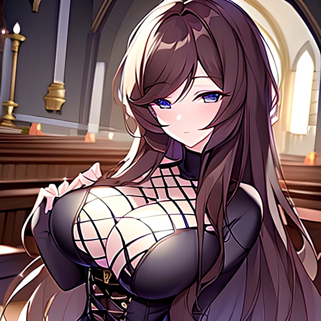 messy hair fishnet brunette church long hair woman 