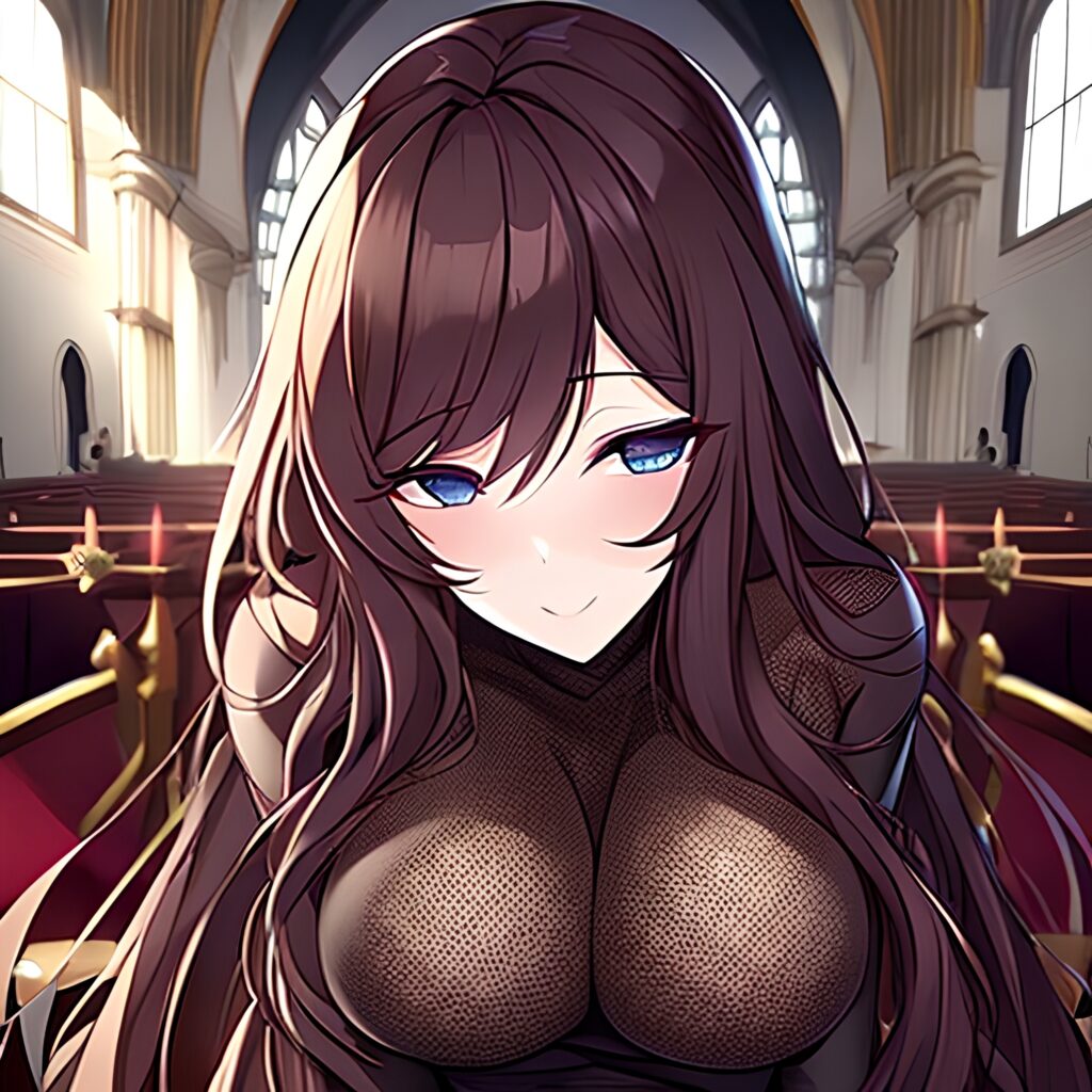 messy hair fishnet brunette church long hair woman 