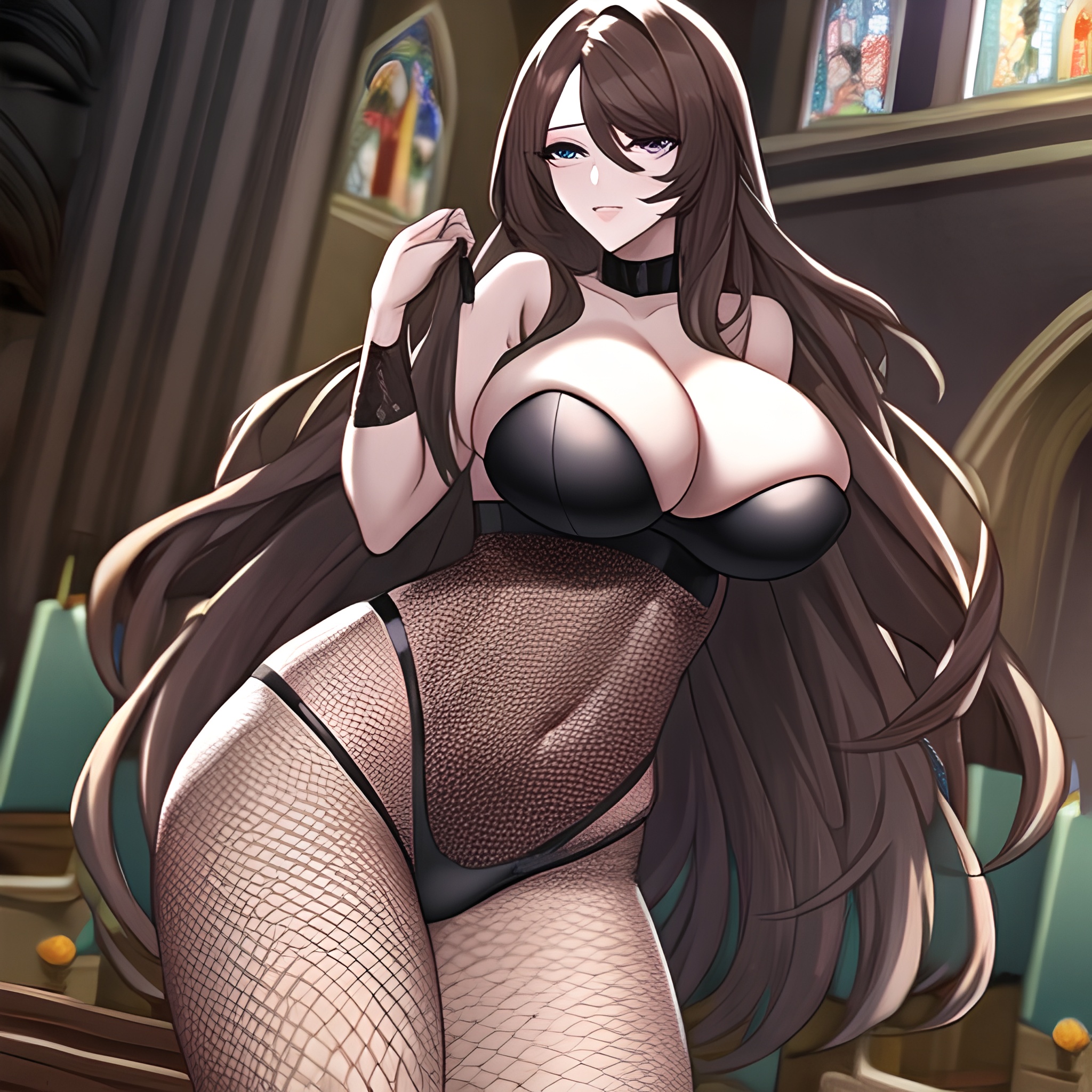 messy hair fishnet brunette church long hair woman