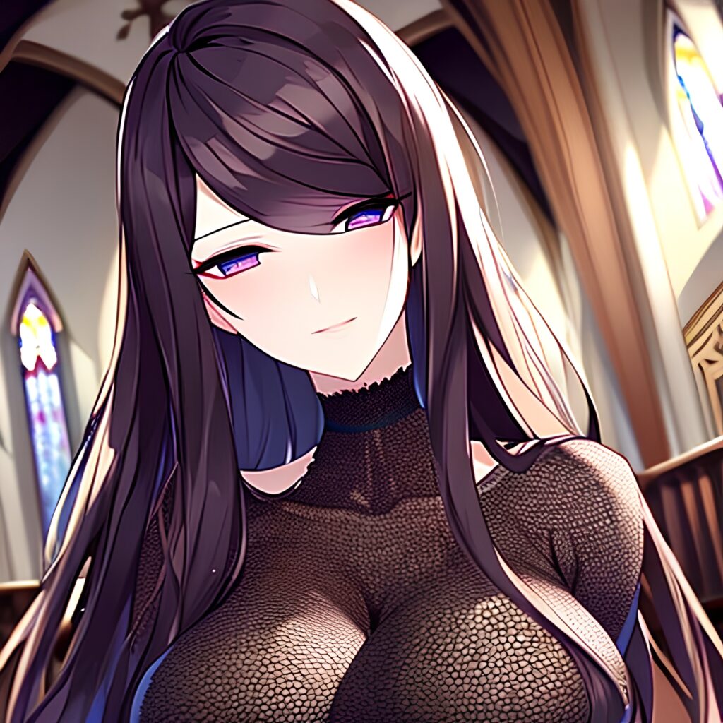 messy hair fishnet brunette church woman long hair 