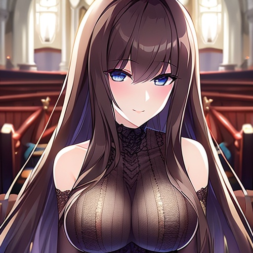 messy hair fishnet brunette church woman long hair 