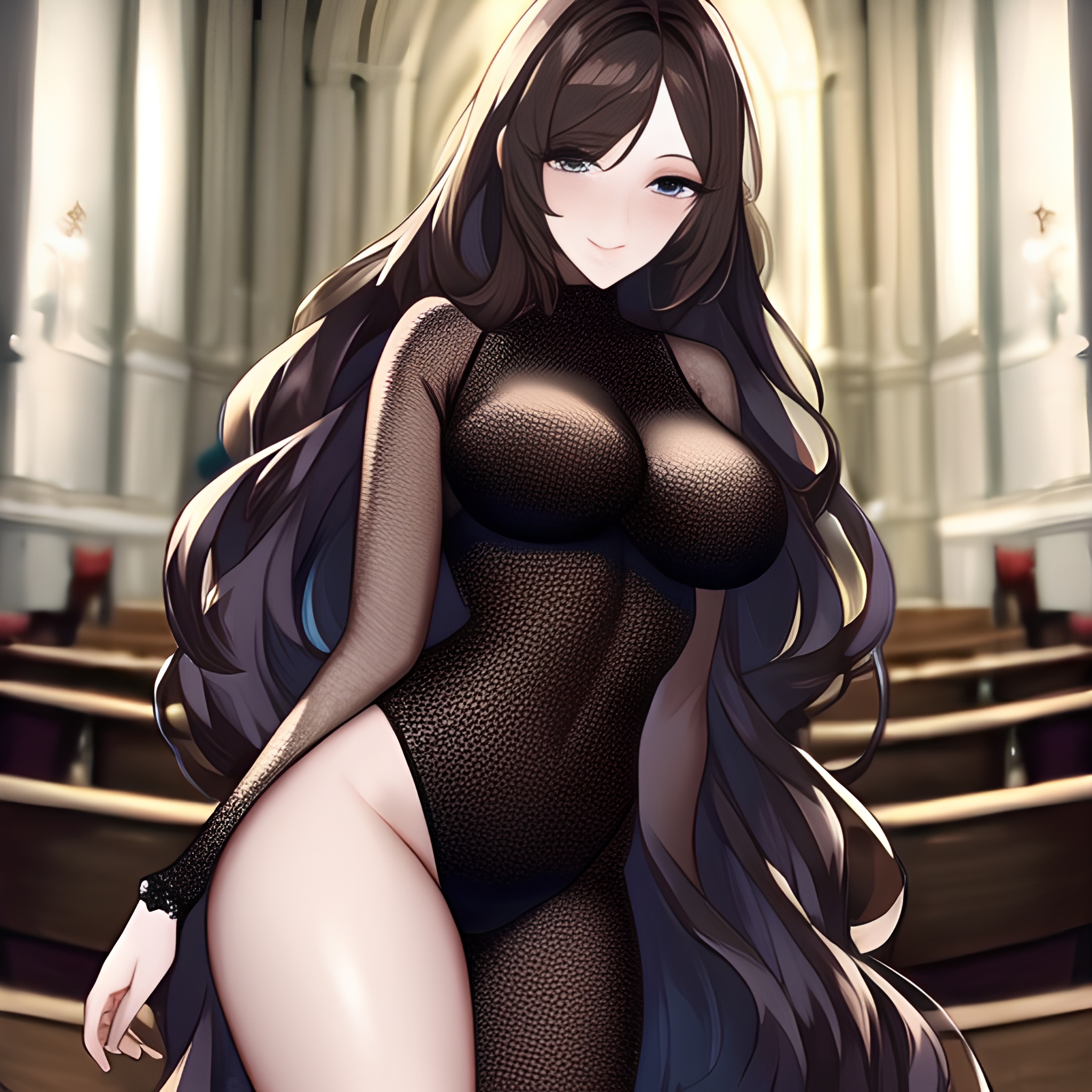 messy hair fishnet brunette church woman long hair