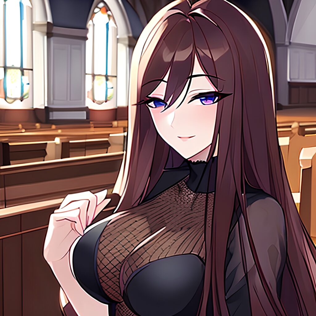 messy hair fishnet brunette long hair church woman 