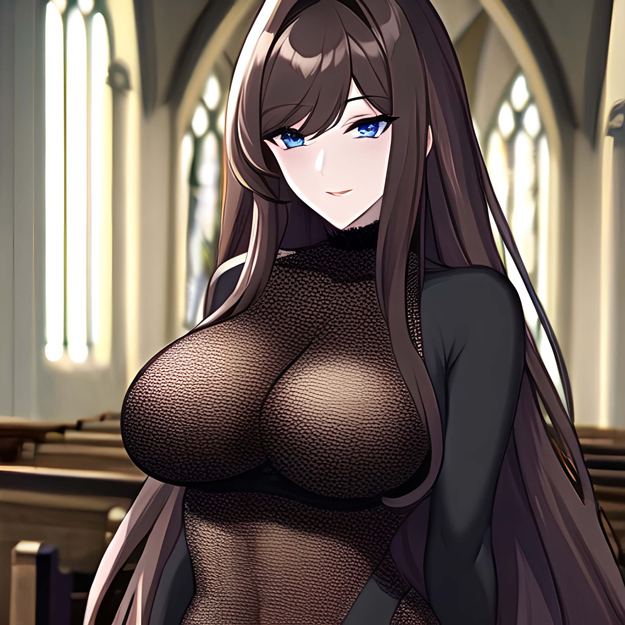 messy hair fishnet brunette long hair church woman 