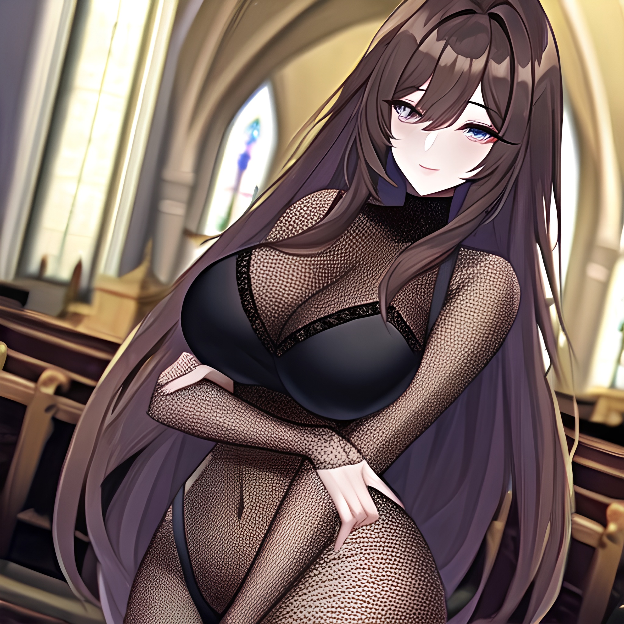 messy hair fishnet brunette long hair church woman 