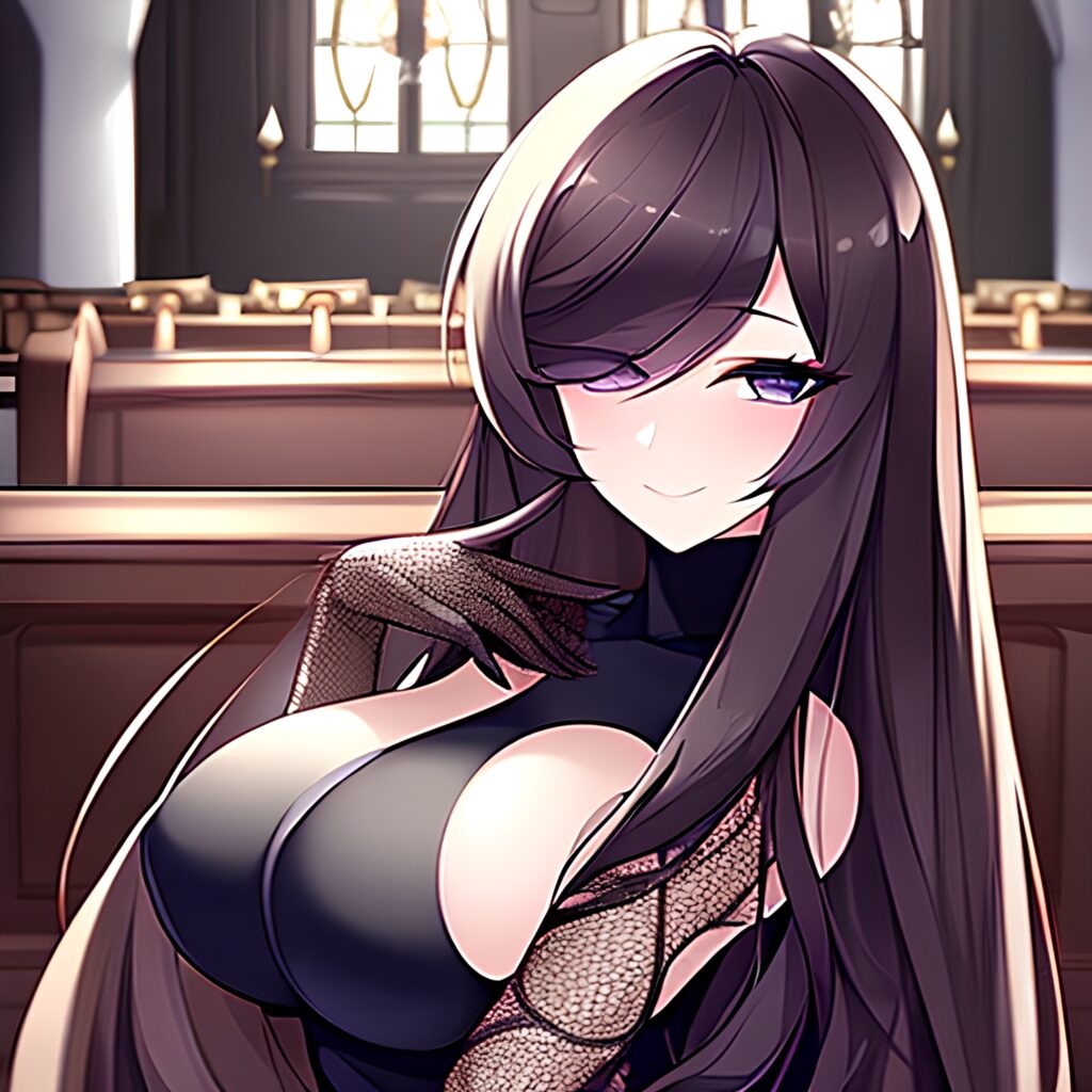 messy hair fishnet brunette long hair woman church 