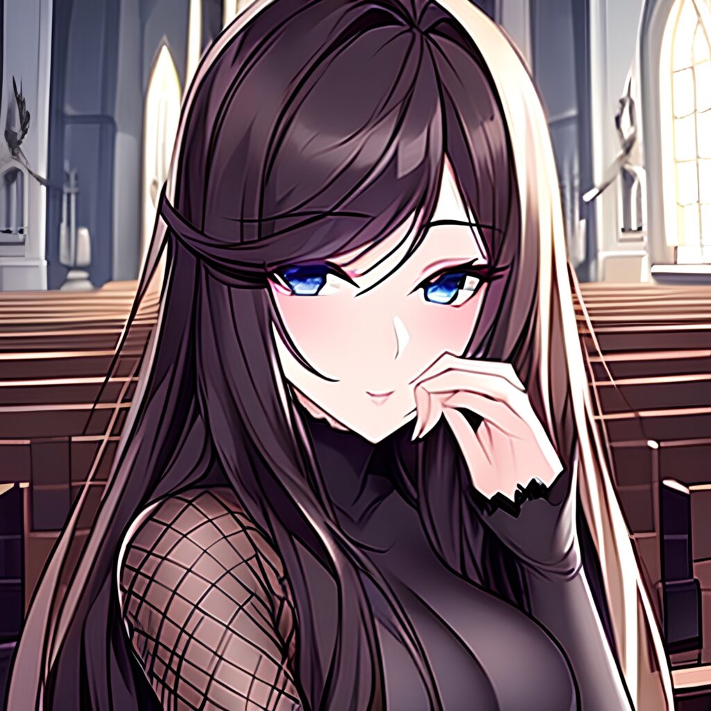 messy hair fishnet brunette woman church long hair 