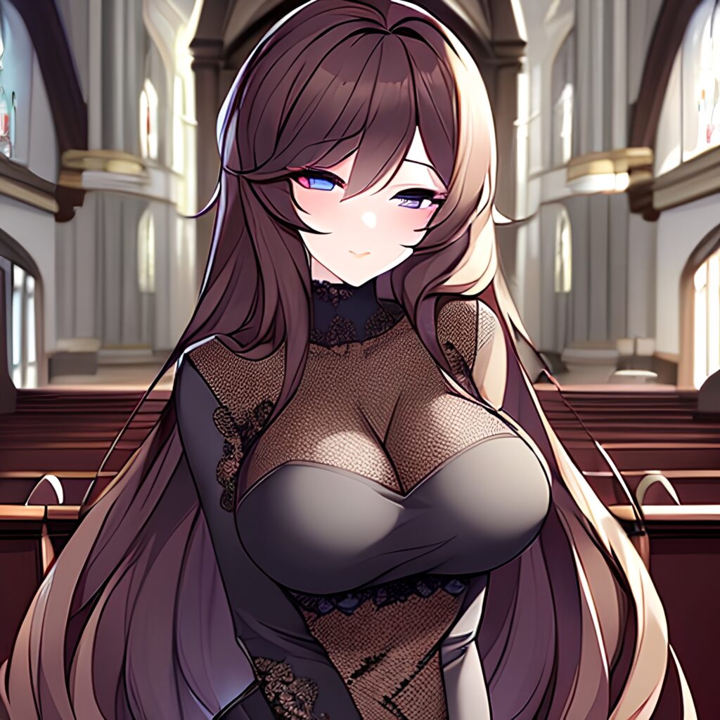 messy hair fishnet brunette woman church long hair 