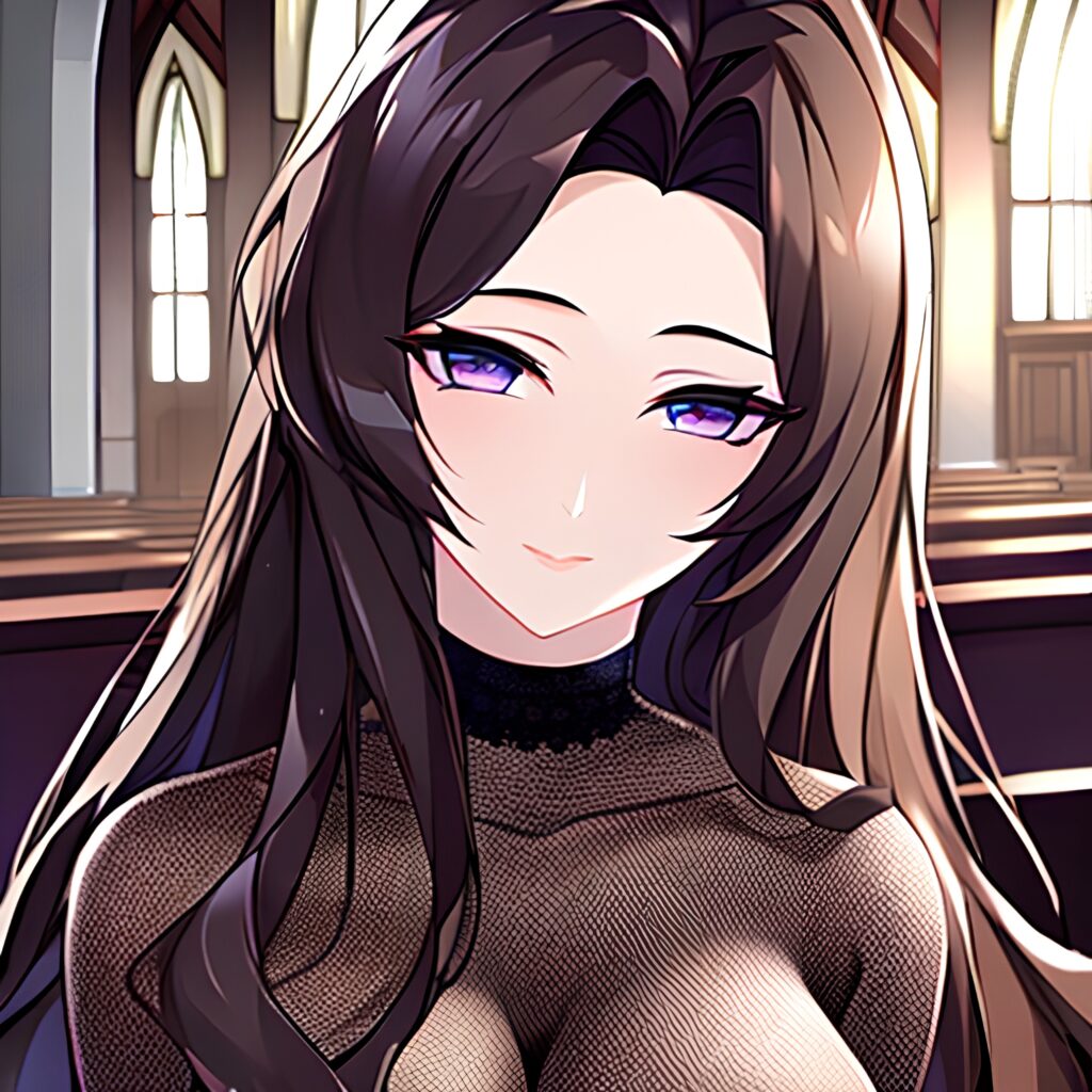 messy hair fishnet brunette woman church long hair 