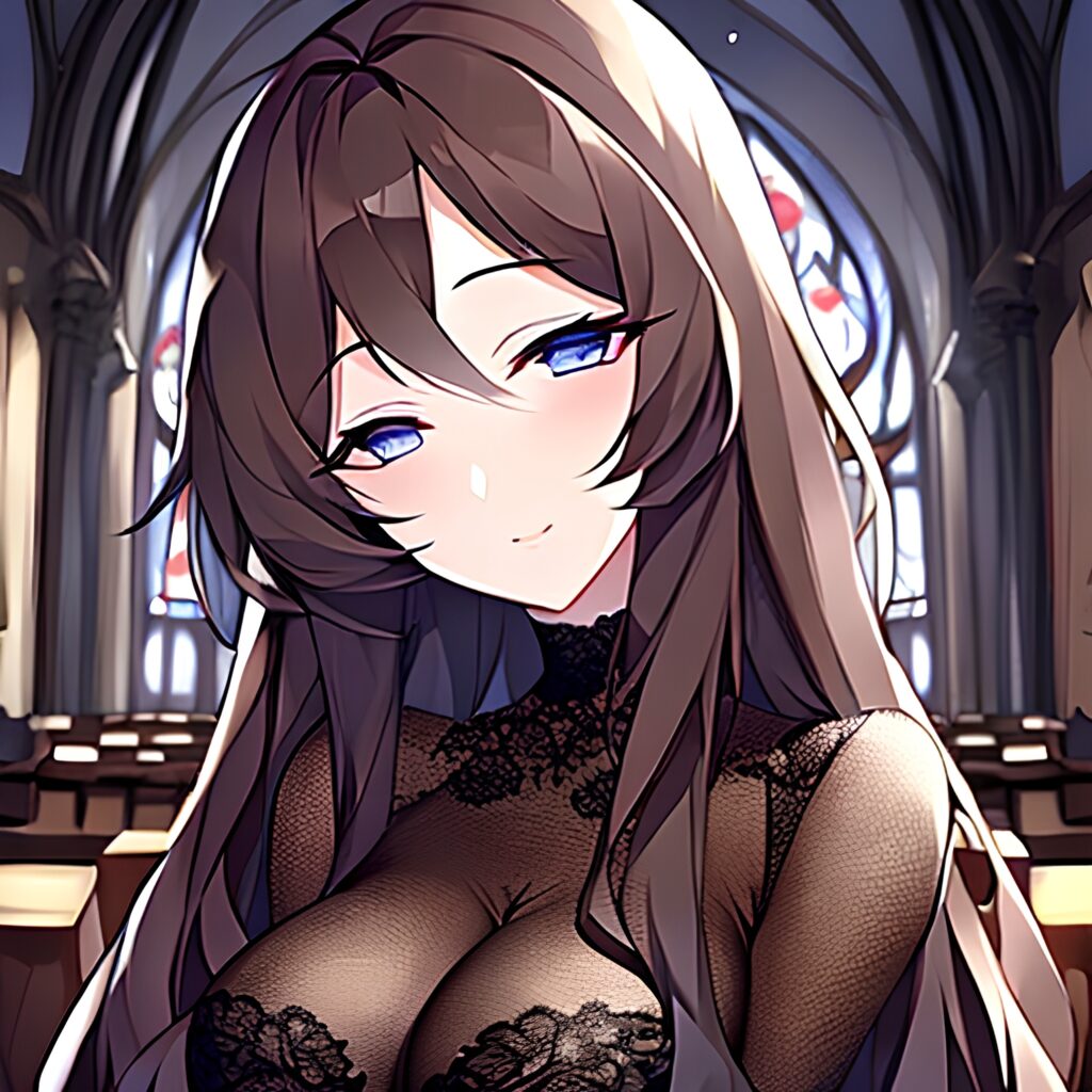 messy hair fishnet brunette woman church long hair 