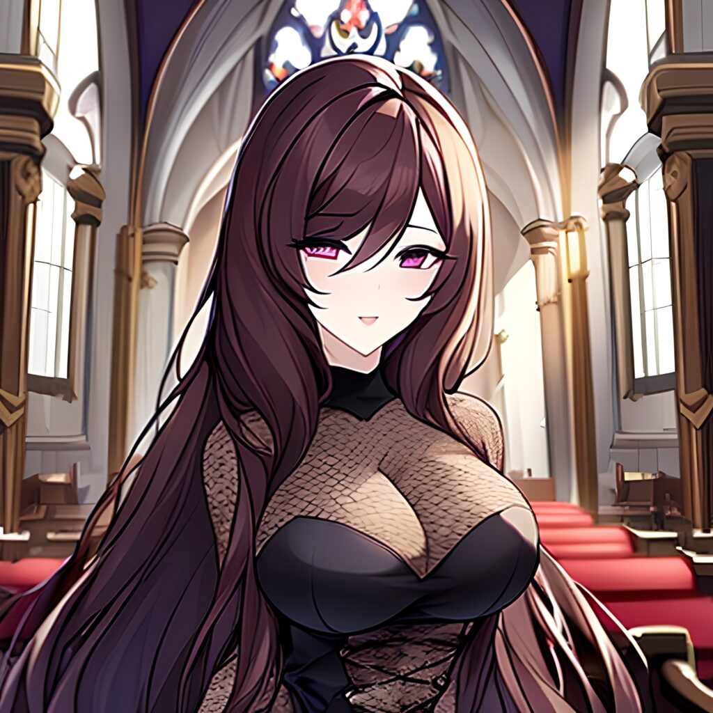 messy hair fishnet brunette woman long hair church 