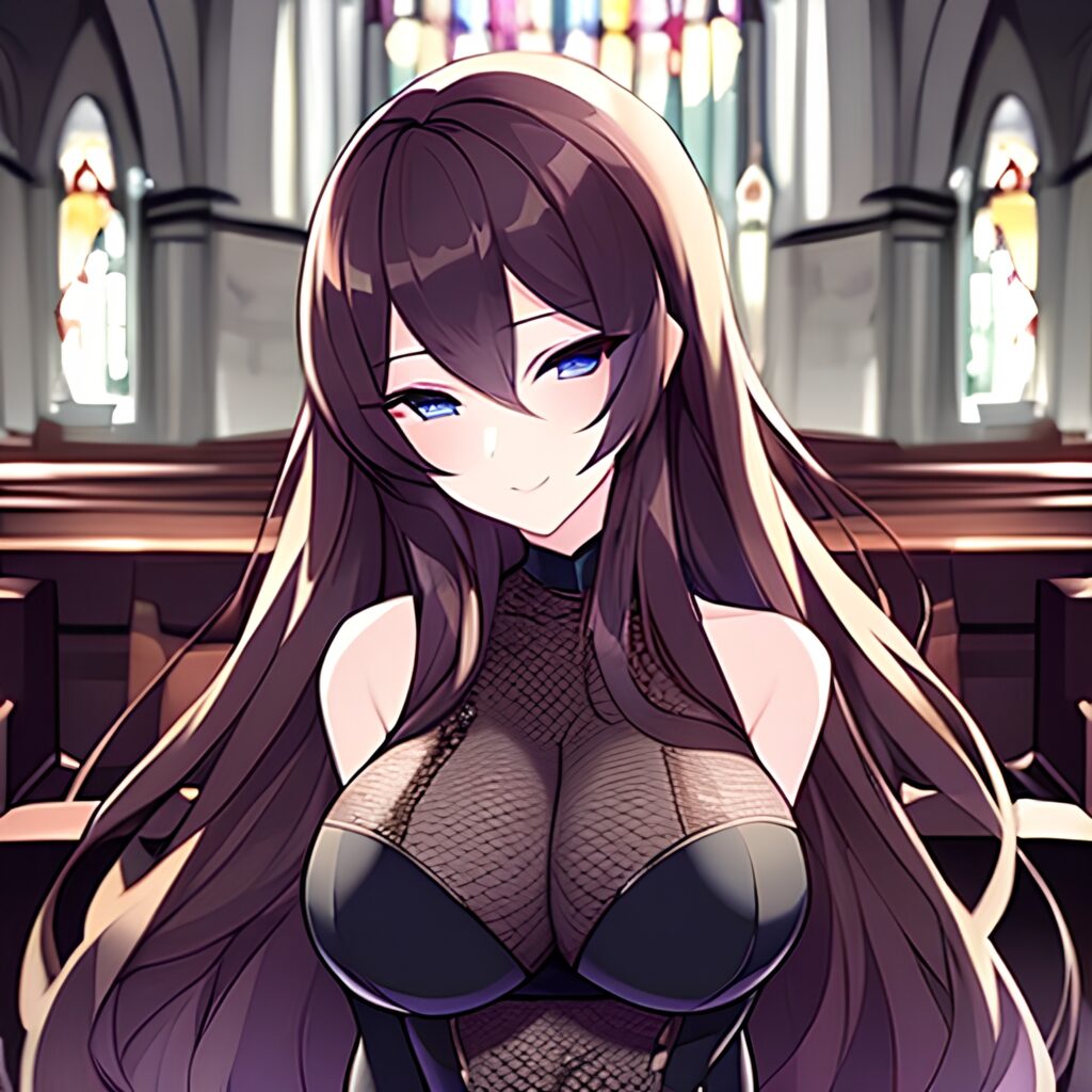 messy hair fishnet brunette woman long hair church 