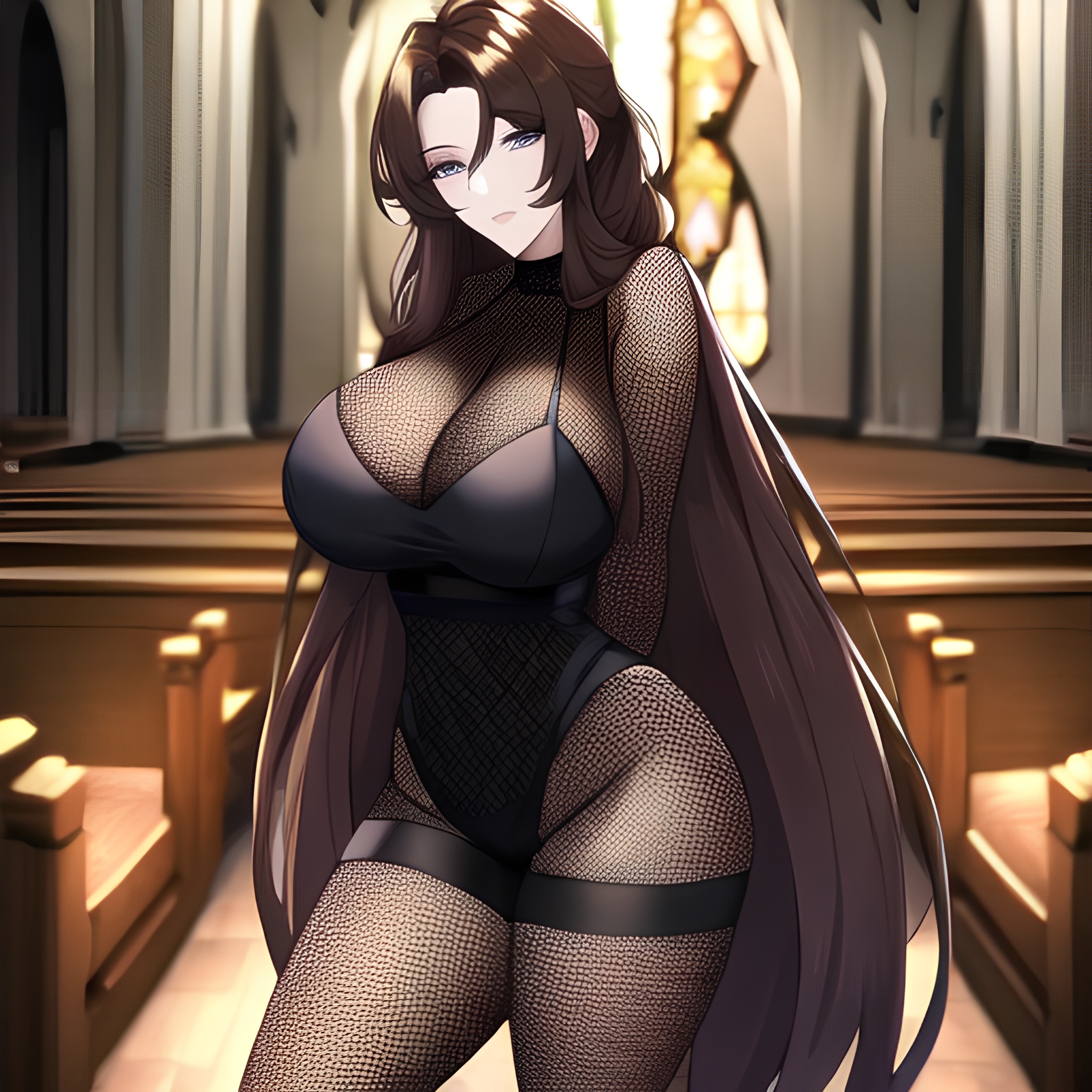 messy hair fishnet church brunette long hair woman 