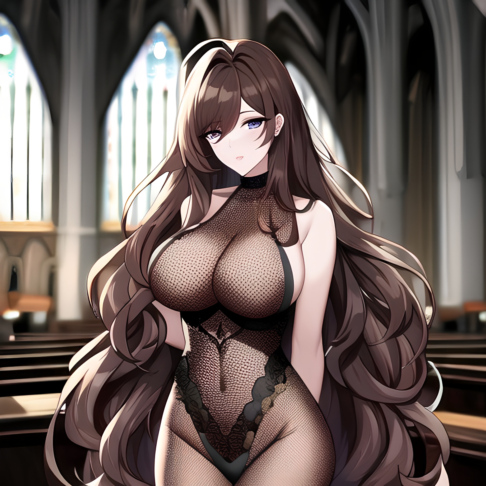 messy hair fishnet church brunette long hair woman 