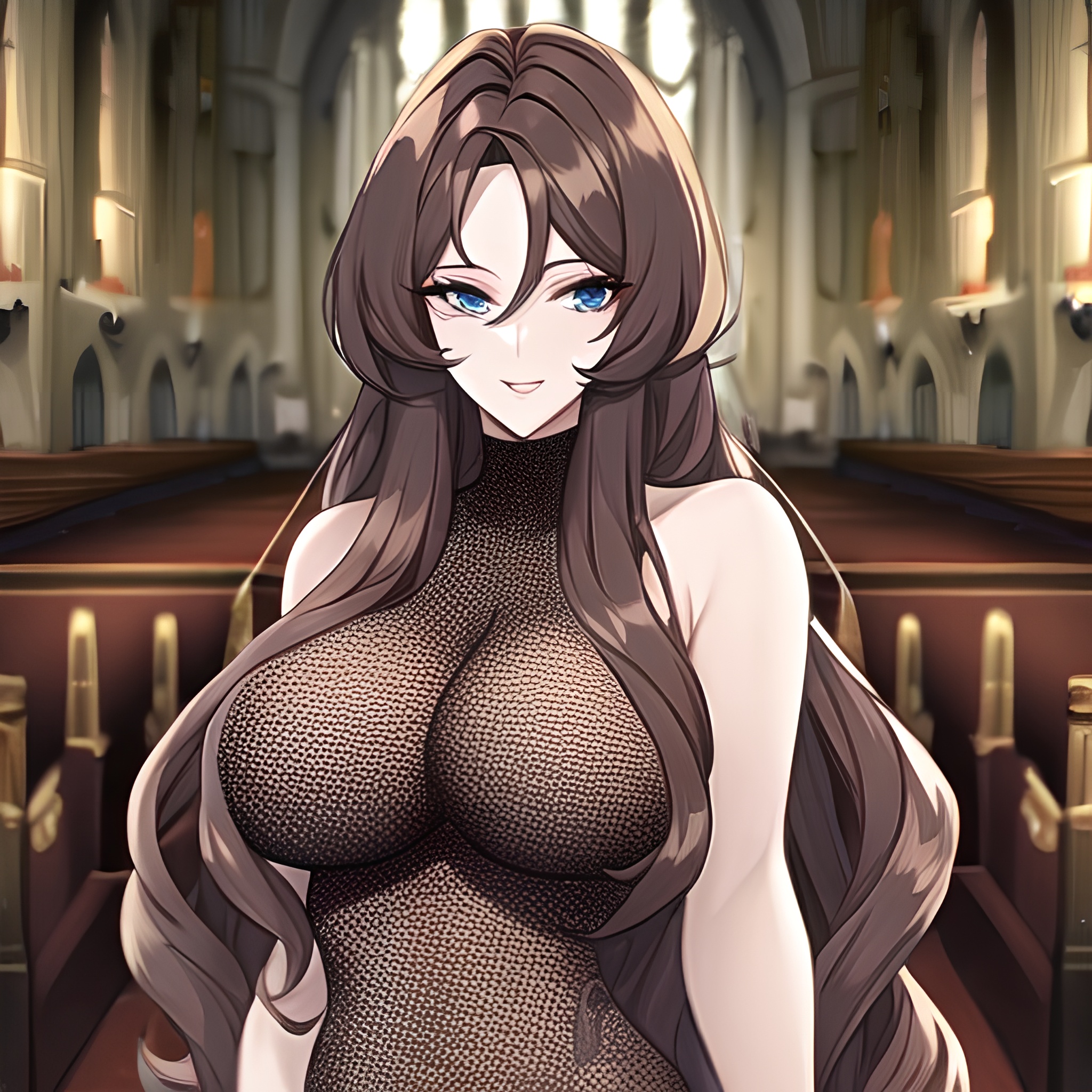 messy hair fishnet church brunette long hair woman 