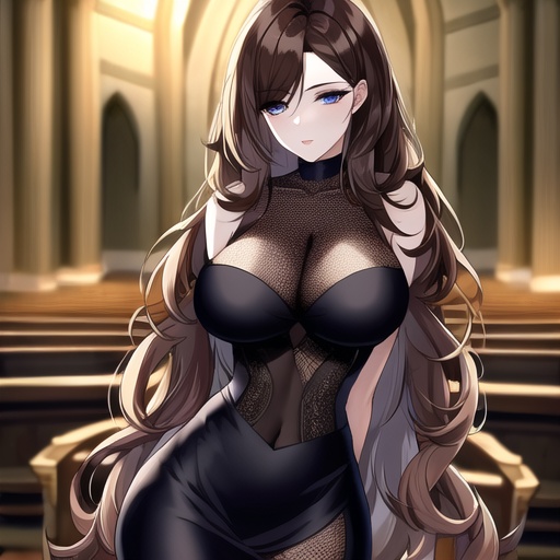 messy hair fishnet church brunette long hair woman 