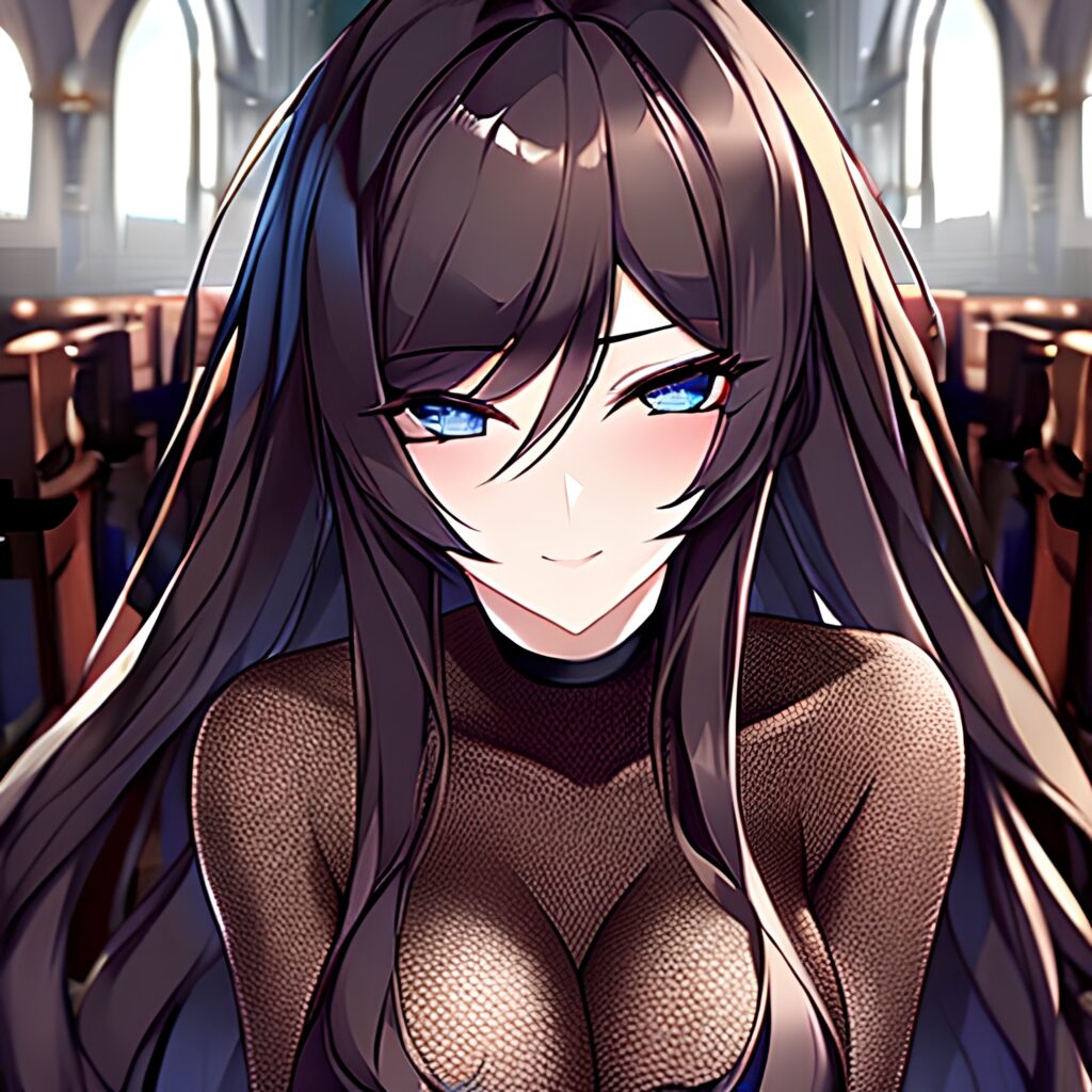 messy hair fishnet church long hair brunette woman