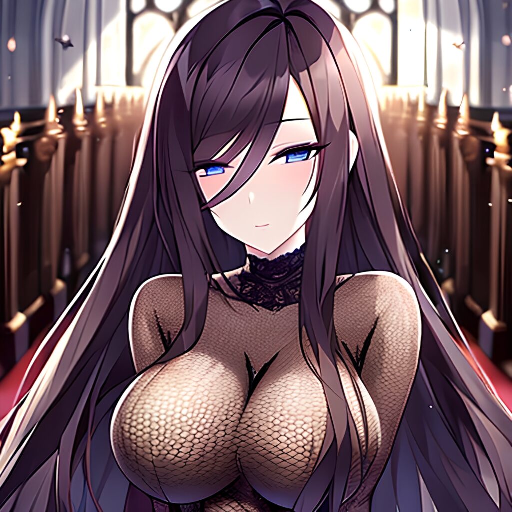 messy hair fishnet church long hair brunette woman 