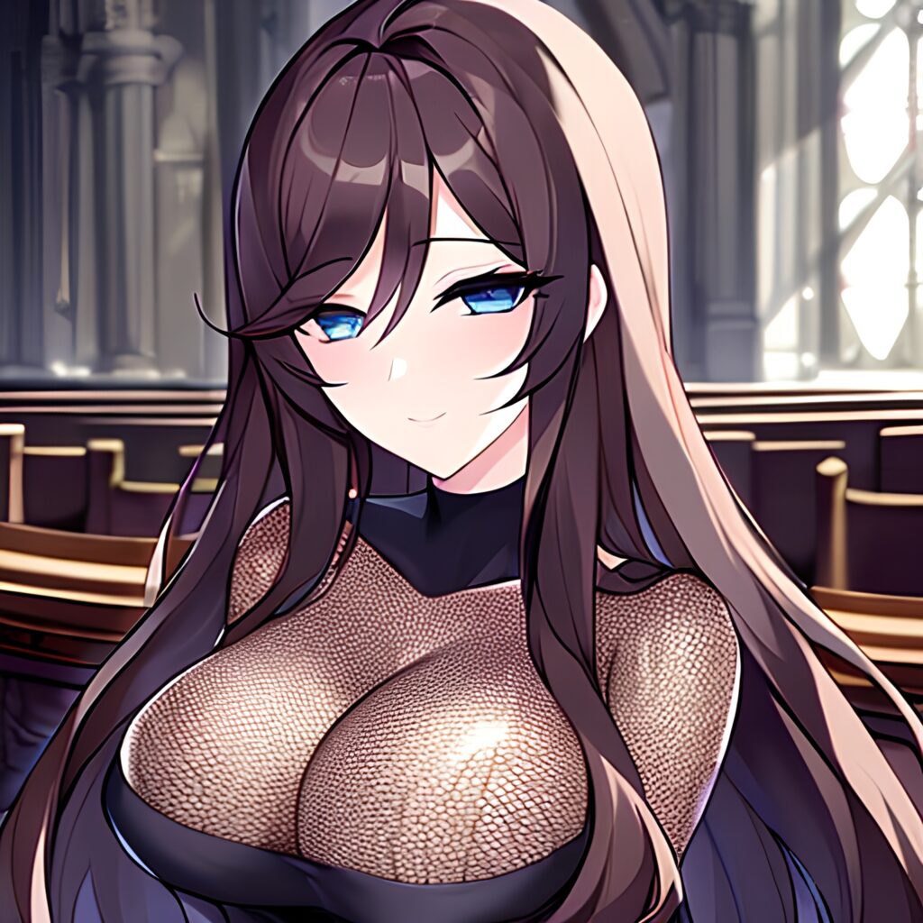 messy hair fishnet church long hair brunette woman 