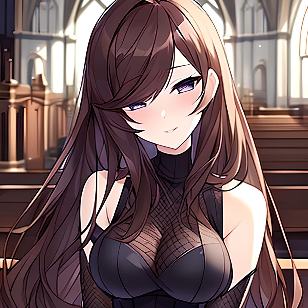 messy hair fishnet church long hair brunette woman 