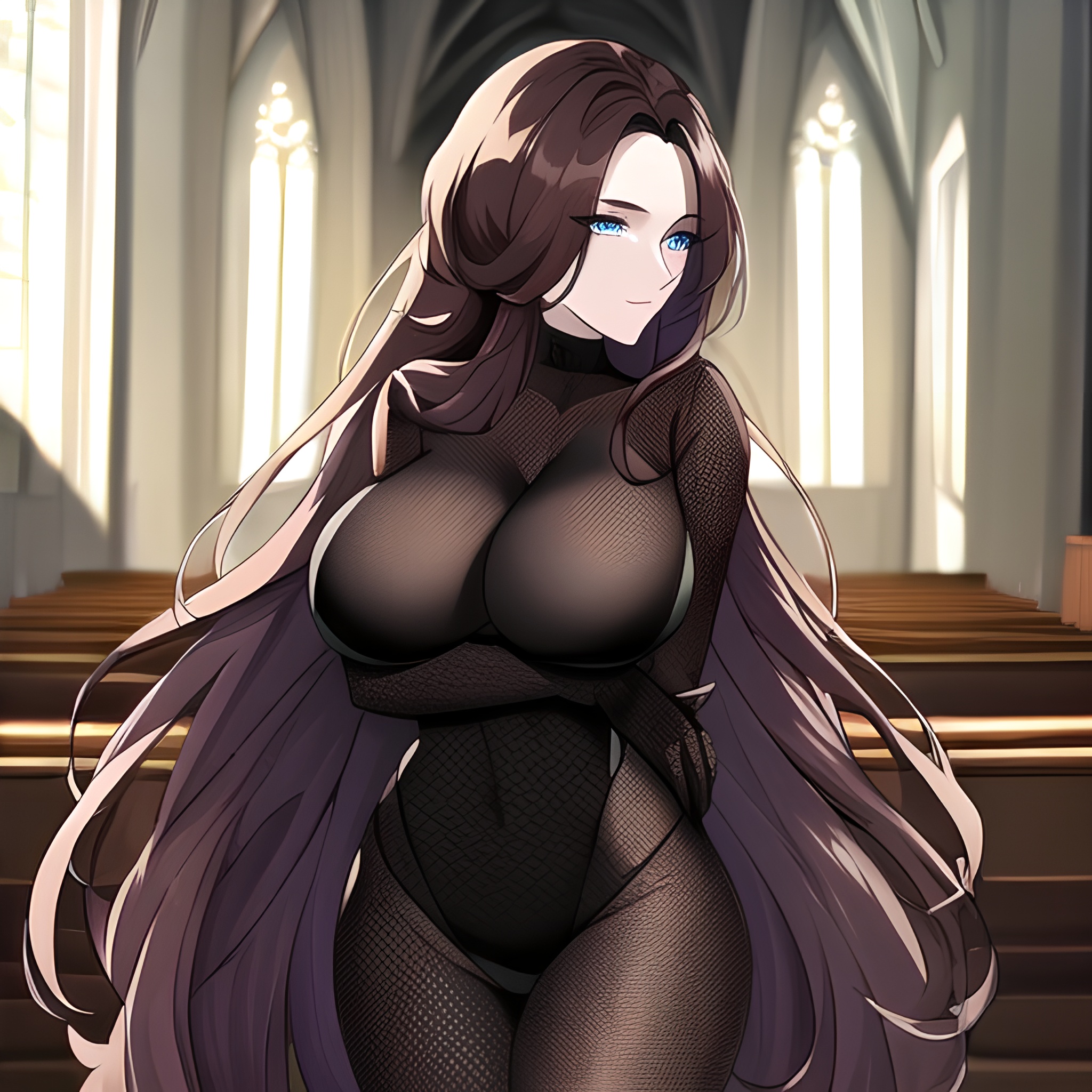 messy hair fishnet church long hair woman brunette 