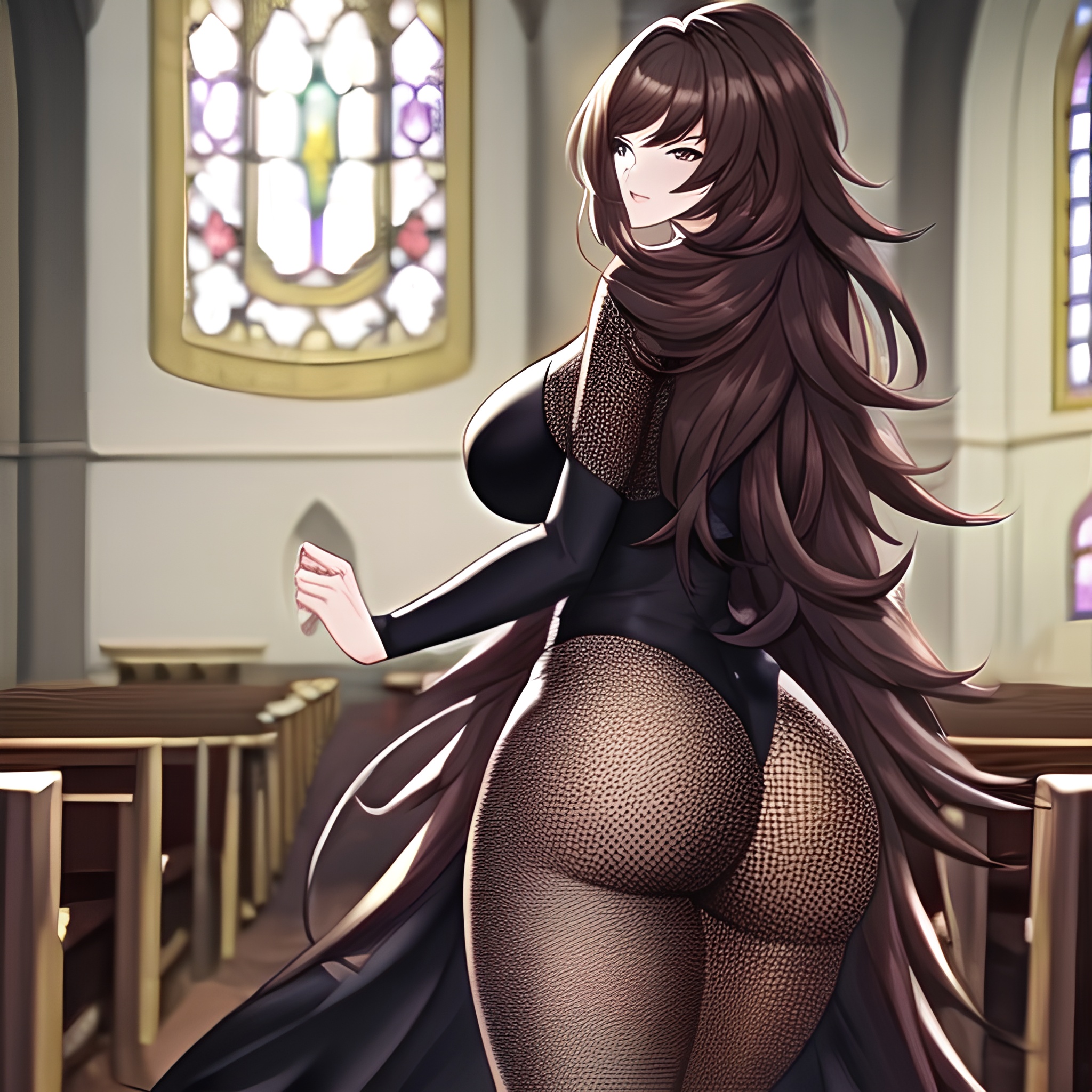 messy hair fishnet church long hair woman brunette 
