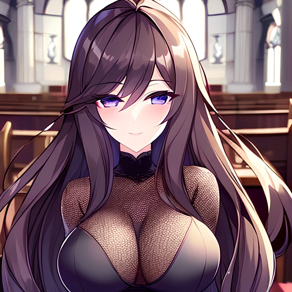 messy hair fishnet church woman long hair brunette 