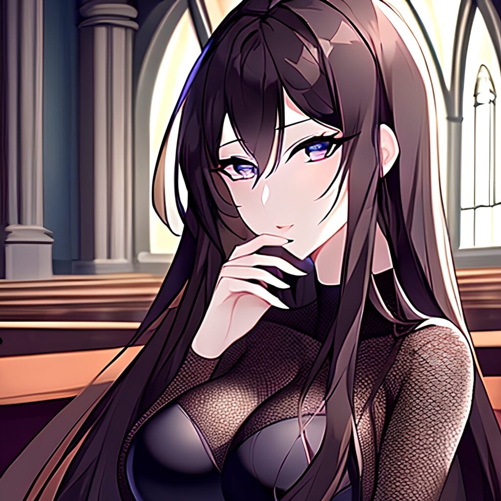 messy hair fishnet church woman long hair brunette 