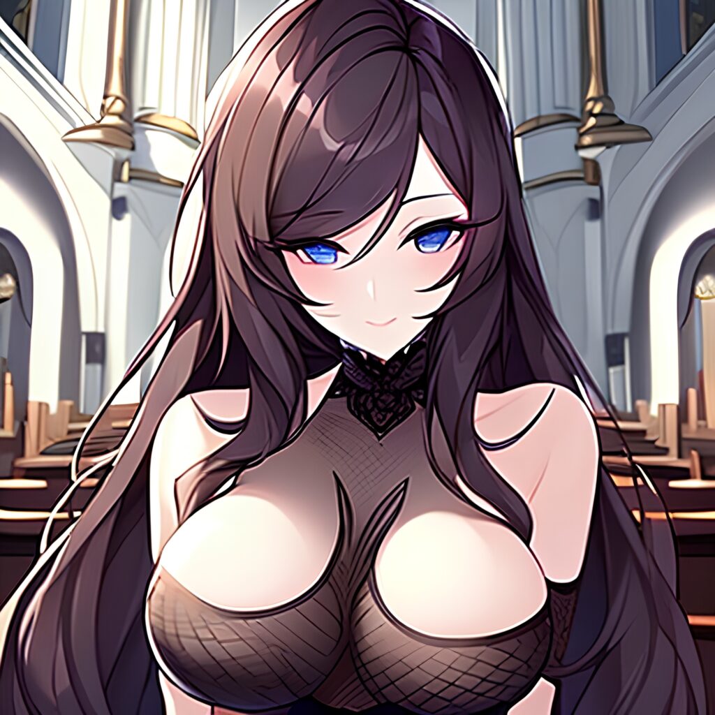 messy hair fishnet church woman long hair brunette 