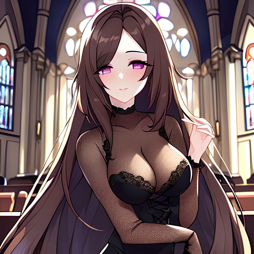 messy hair fishnet church woman long hair brunette 