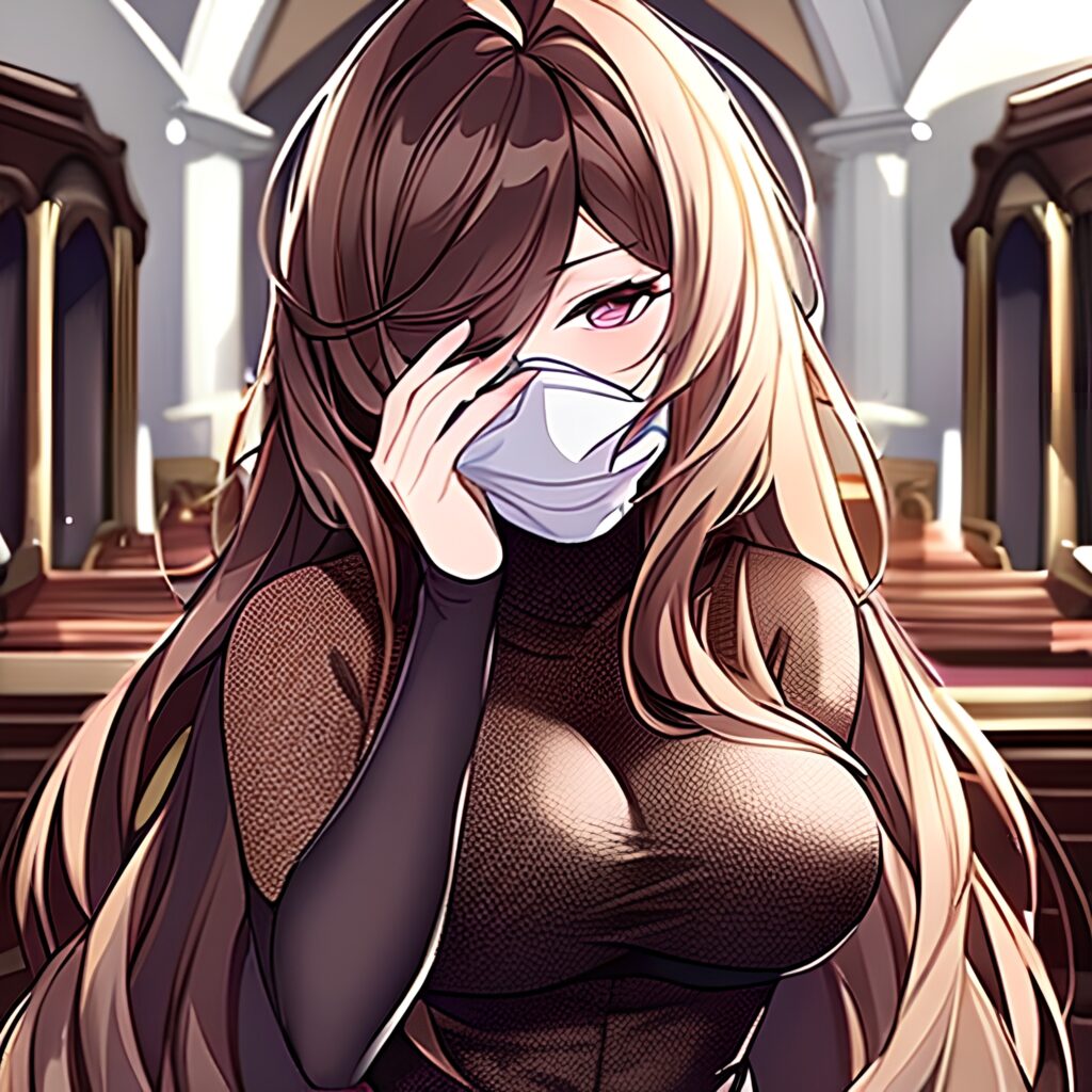 messy hair fishnet church woman long hair brunette 