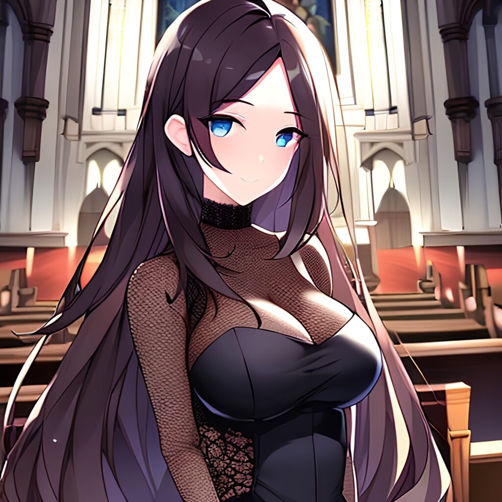 messy hair fishnet long hair brunette church woman 