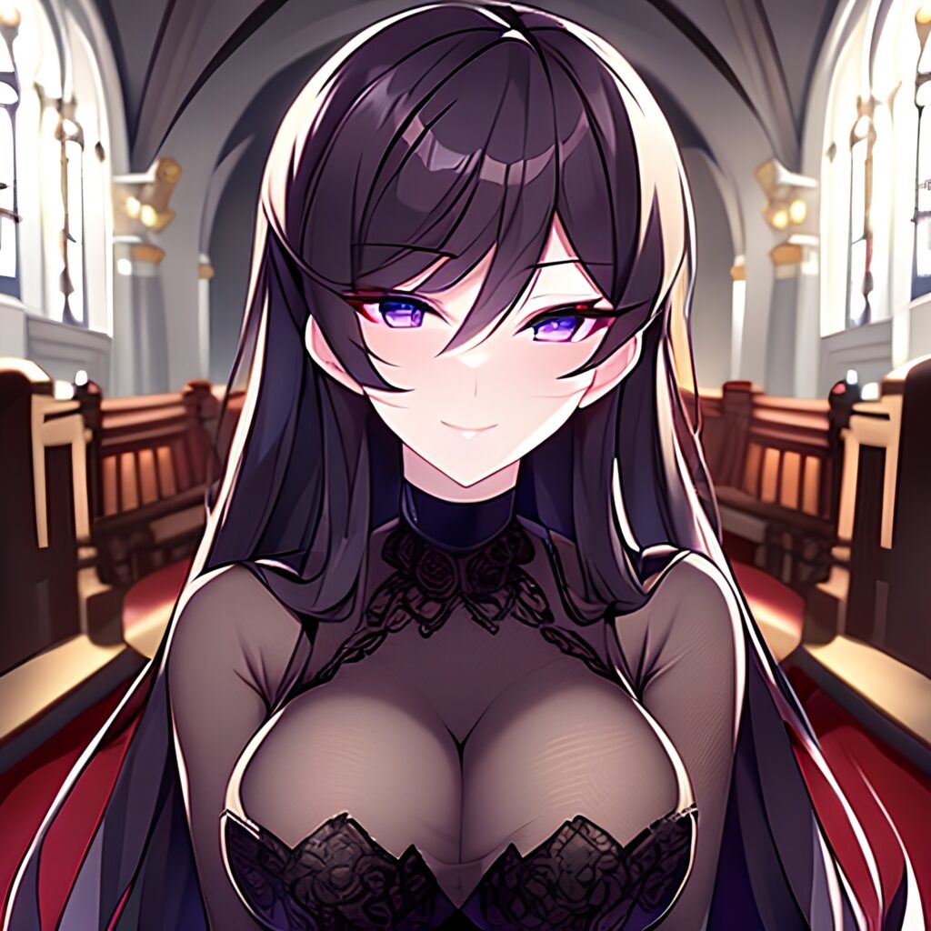 messy hair fishnet long hair brunette church woman