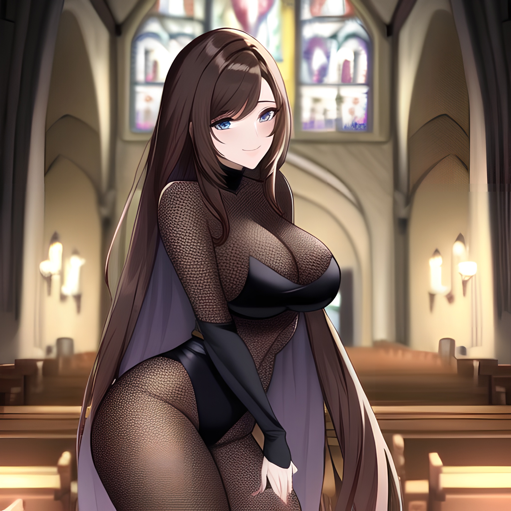 messy hair fishnet long hair brunette church woman 