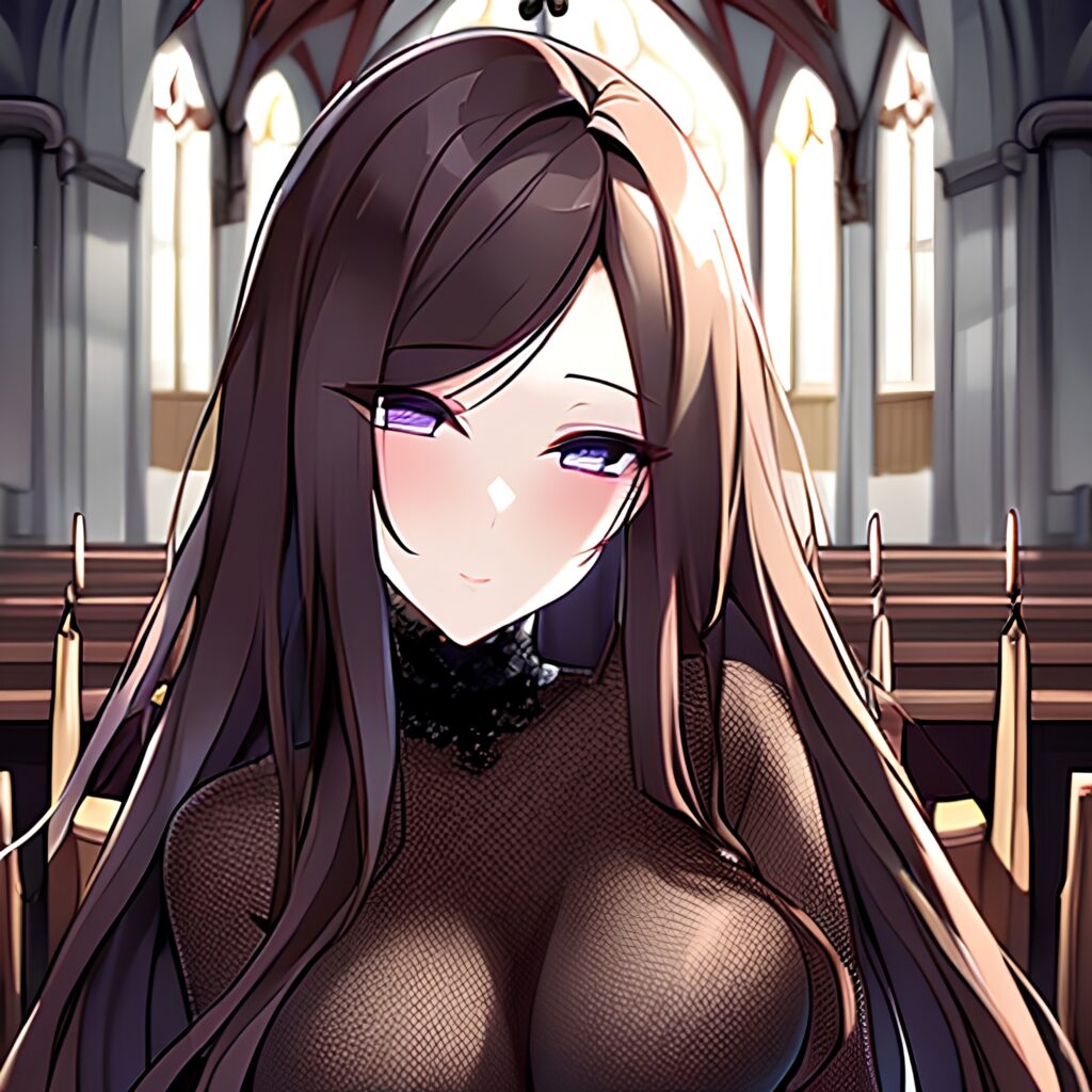 messy hair fishnet long hair brunette church woman 