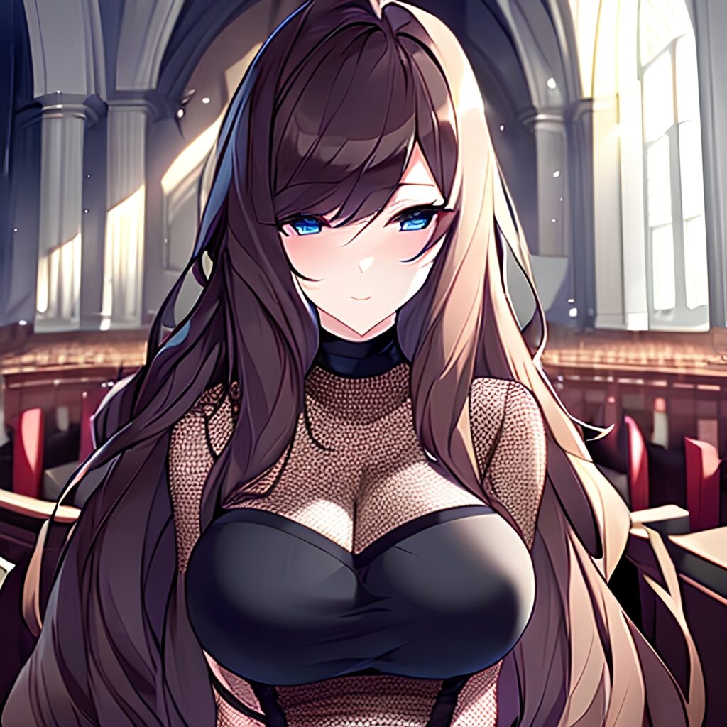 messy hair fishnet long hair brunette church woman 