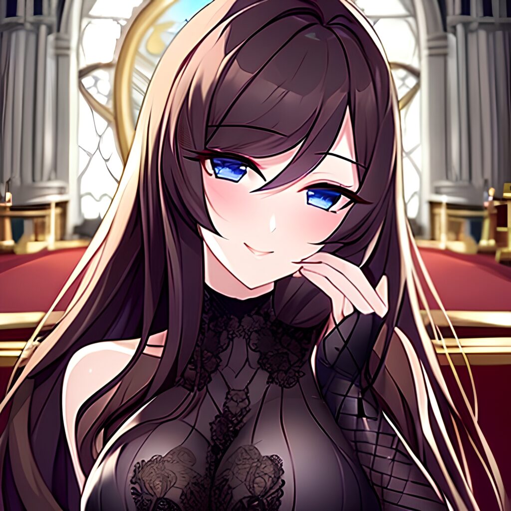 messy hair fishnet long hair brunette church woman 