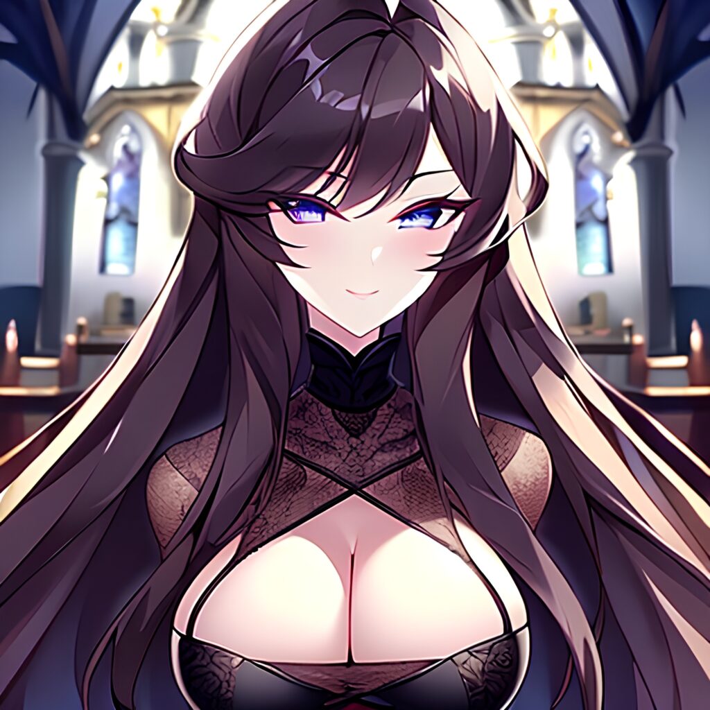 messy hair fishnet long hair brunette church woman