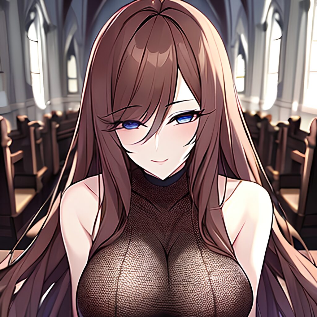 messy hair fishnet long hair brunette church woman 