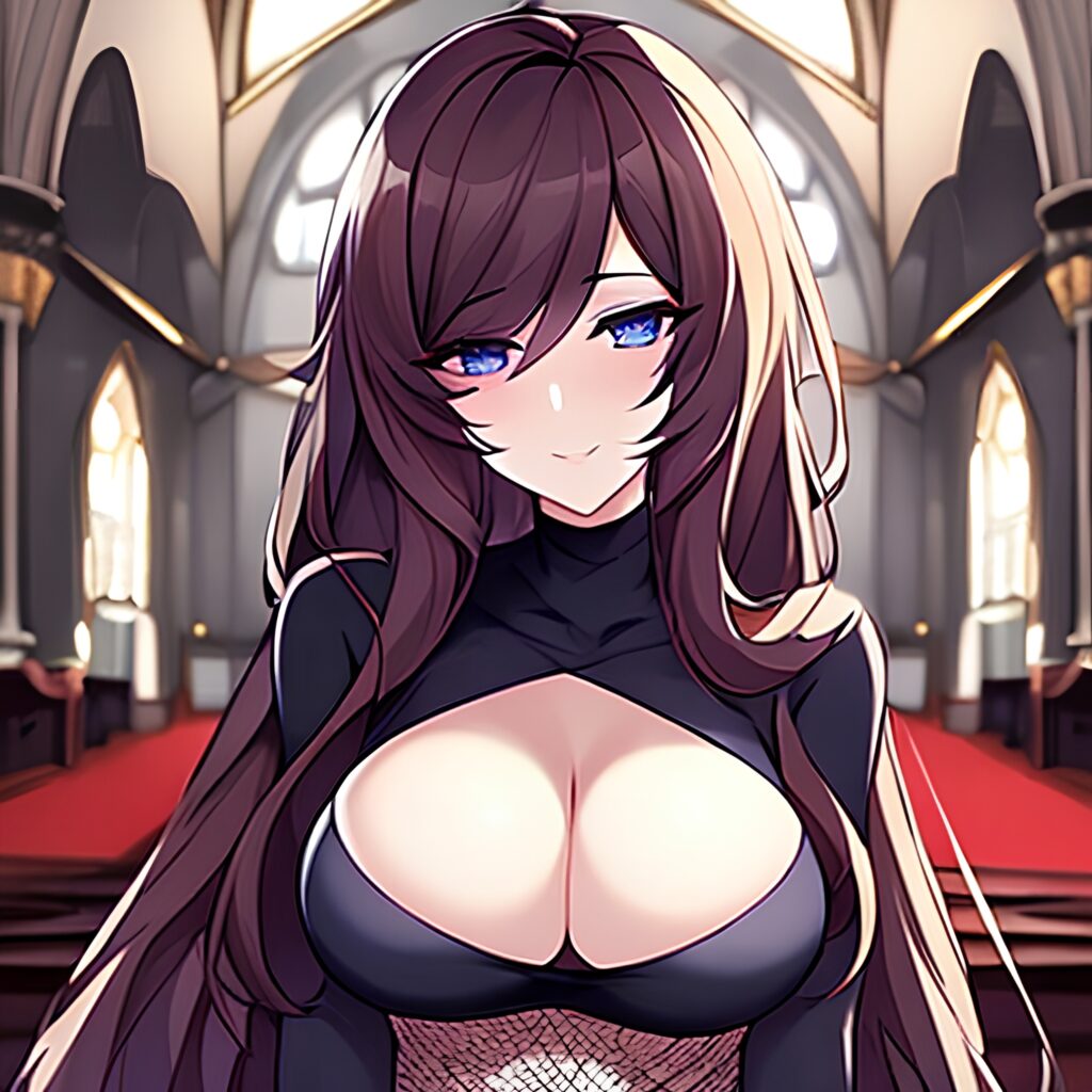 messy hair fishnet long hair brunette church woman 