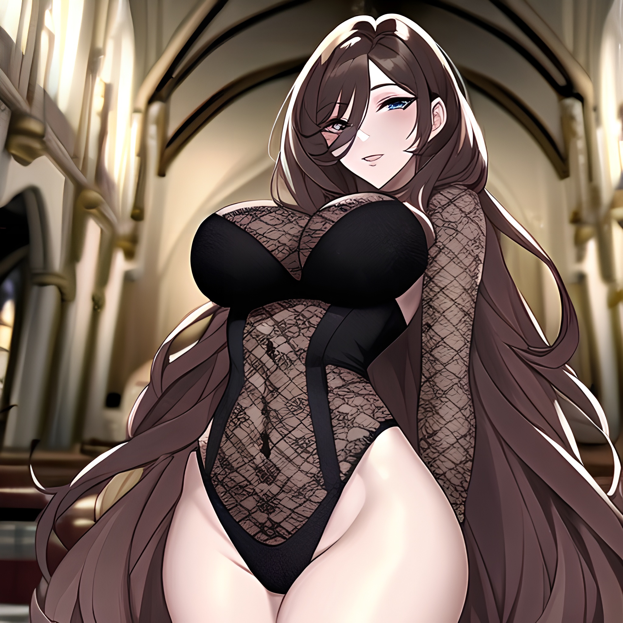 messy hair fishnet long hair brunette church woman 