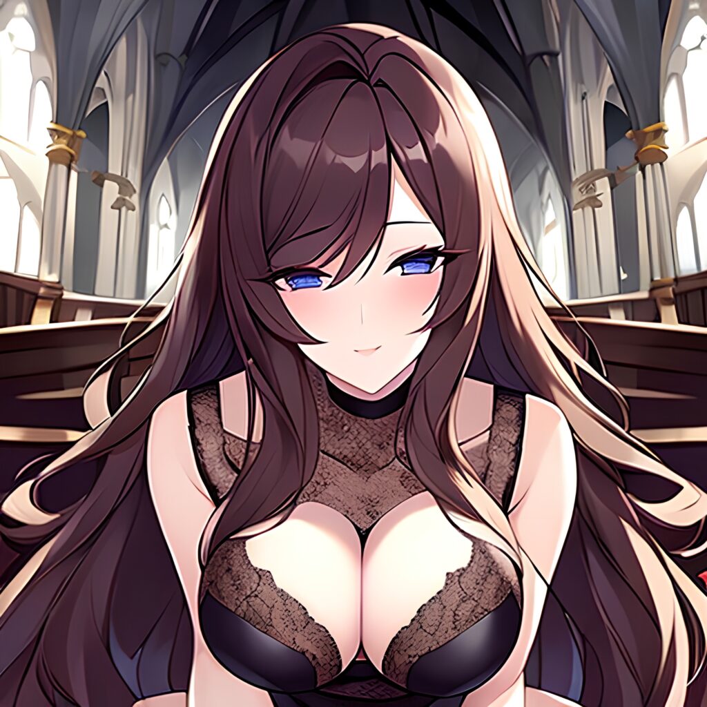 messy hair fishnet long hair brunette woman church 