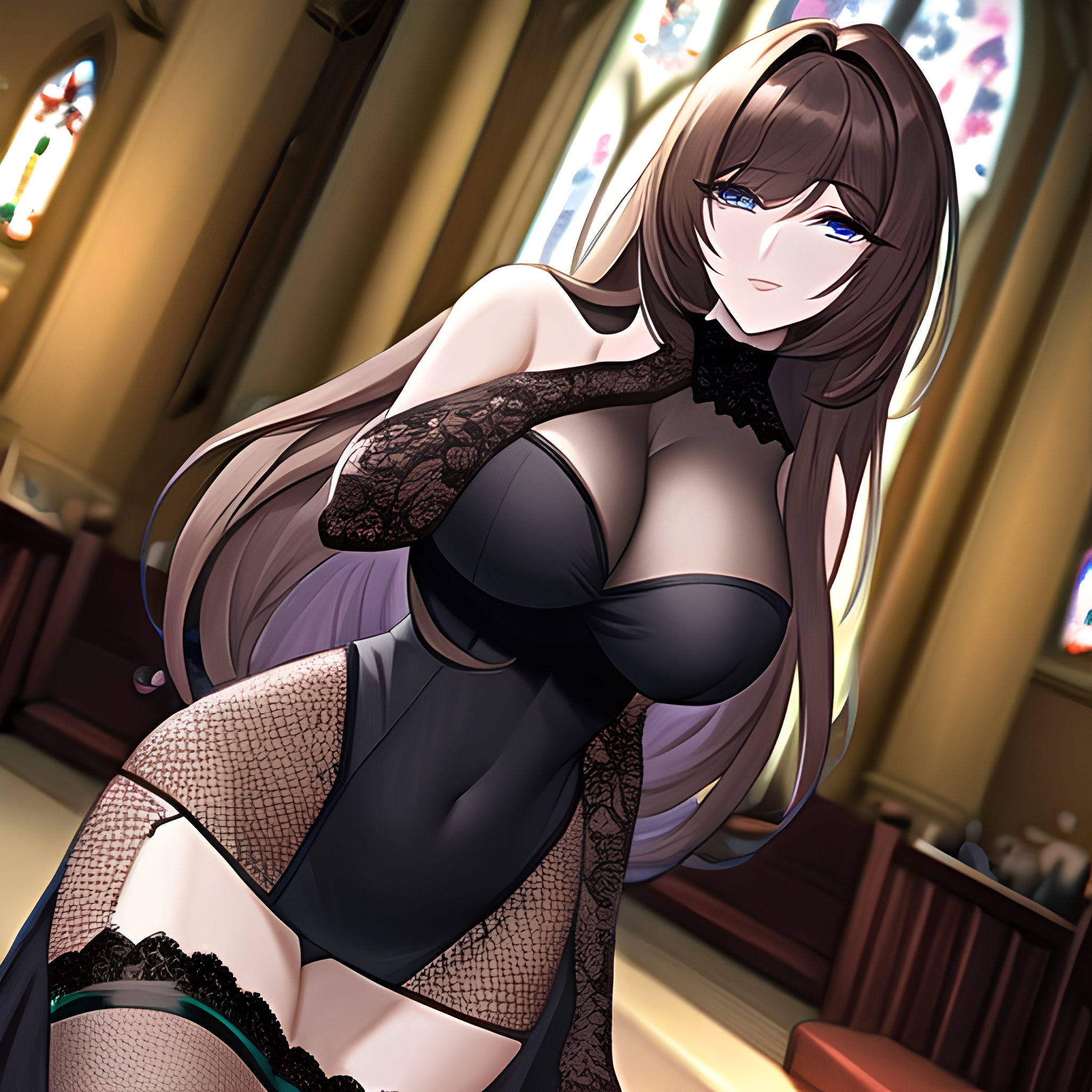 messy hair fishnet long hair brunette woman church 