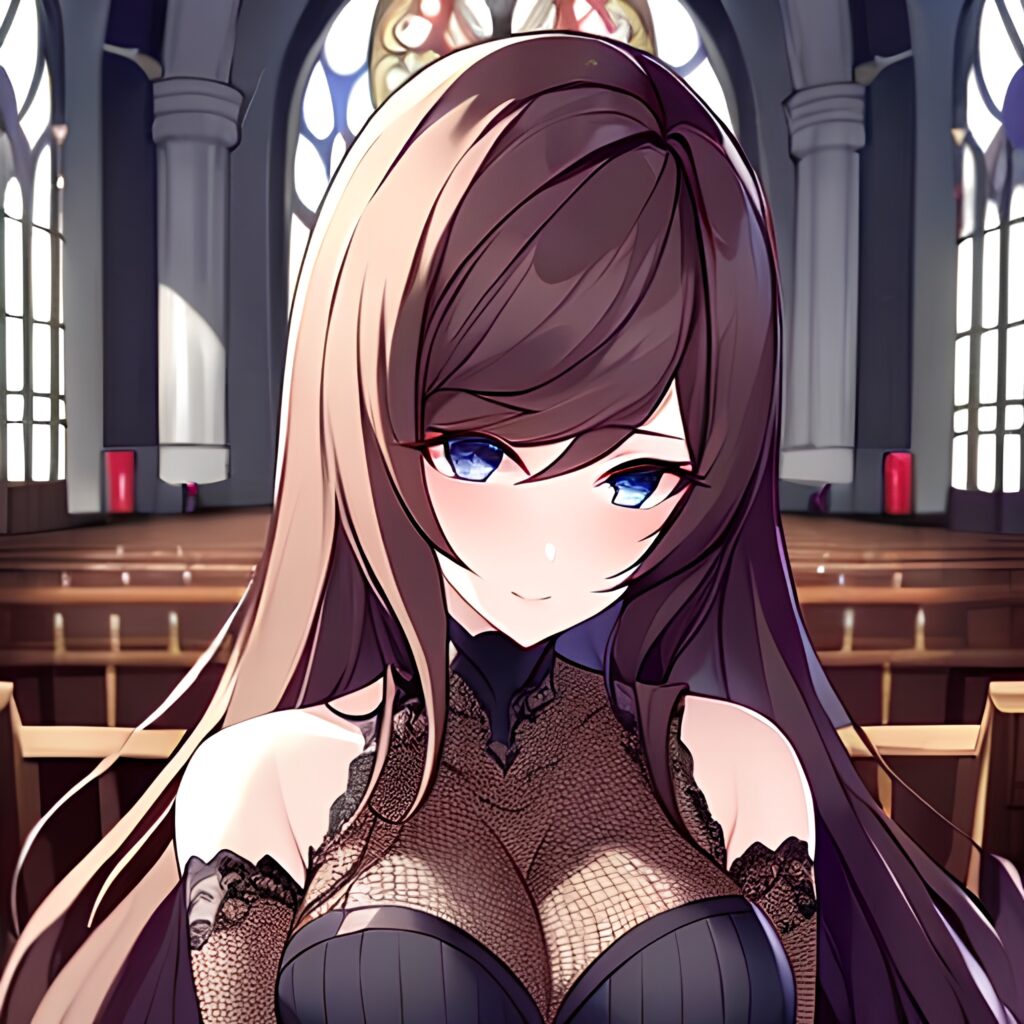 messy hair fishnet long hair brunette woman church 